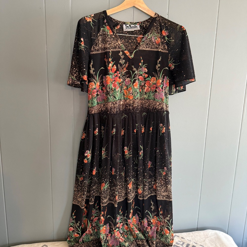 Vintage In Roads Floral Dress 9/10 Black Garden Print Made in‎ USA Cottagecore